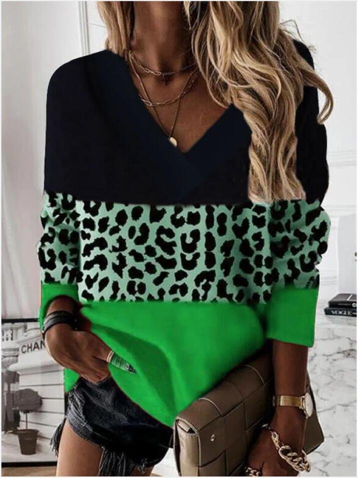 Fashion V Neck Long Sleeve Color Block Loose Regular Sweatshirt
