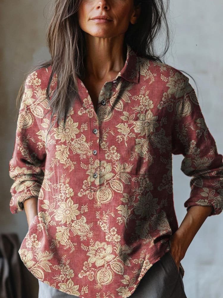 Long Sleeve Henley Collar Floral Vintage Regular Shirt