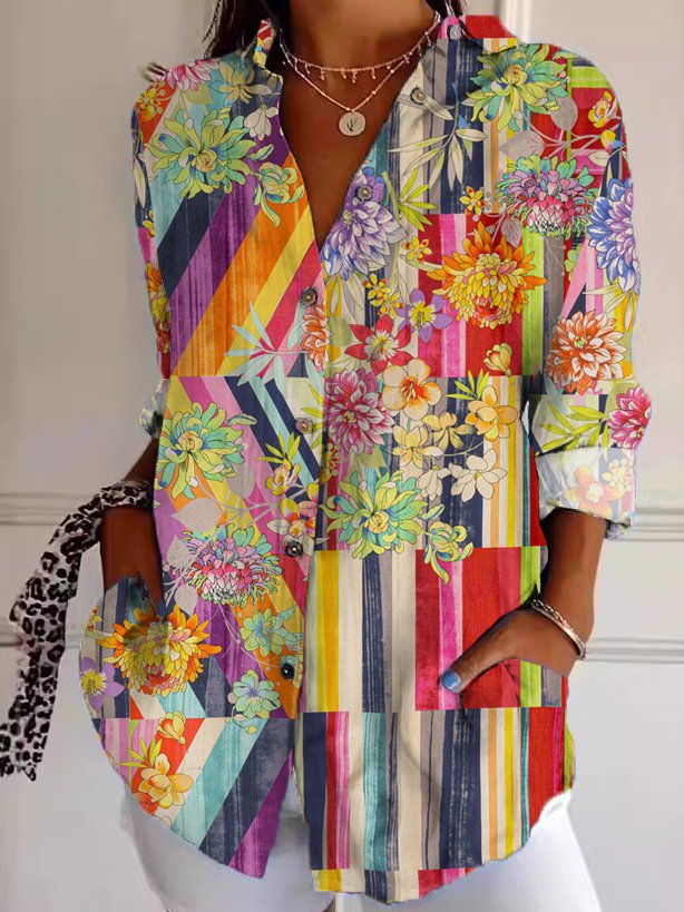 Loose Long Sleeve Shirt Collar Striped Floral Fashion Mid-Long Shirt