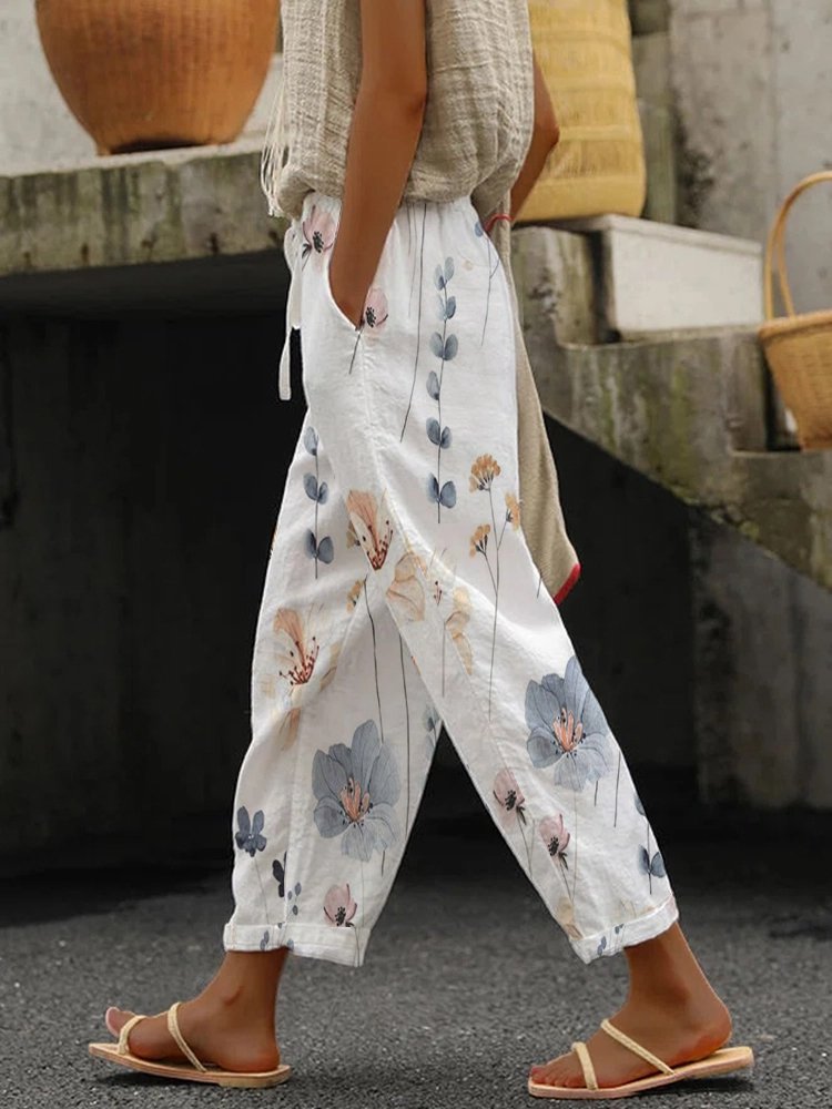 Fashion Floral Printing Lace-Up Lace-Up Loose Ankle Pants