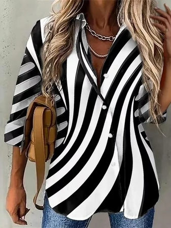 Fashion Long Sleeve Shirt Collar Geometric Loose Regular Blouse