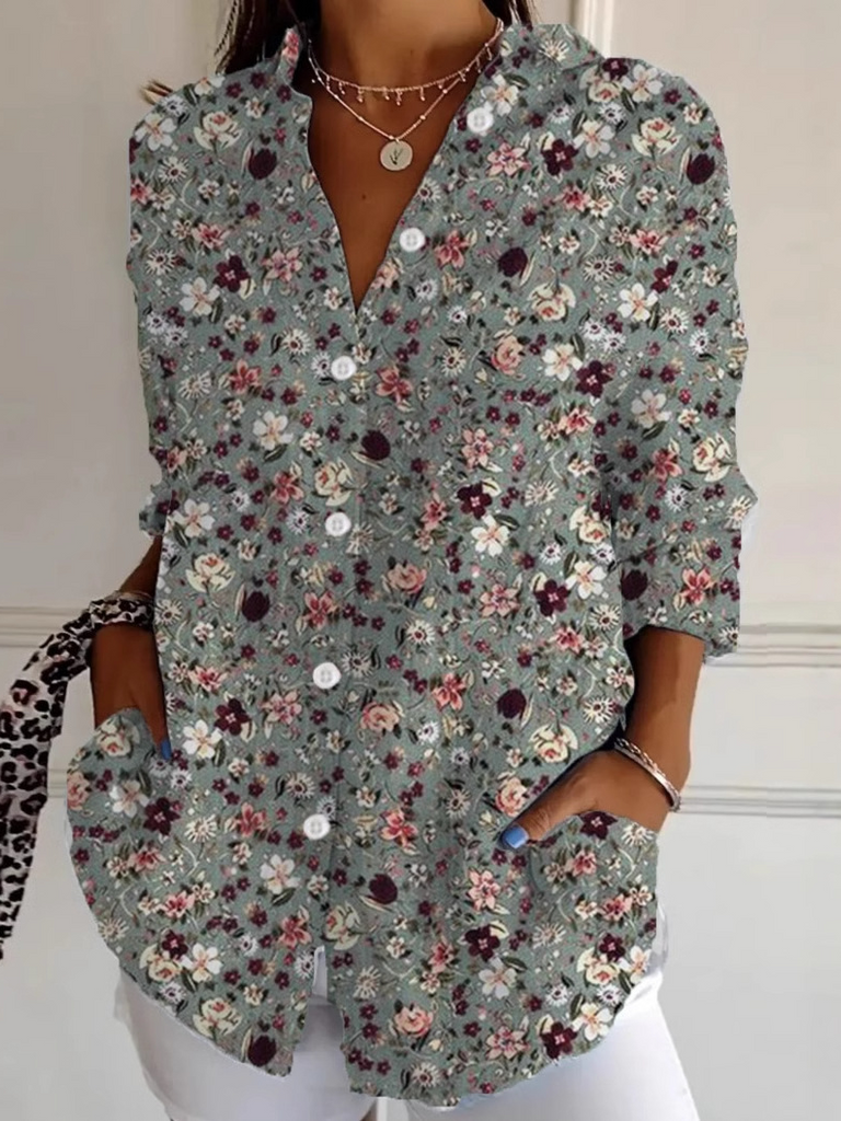 Fashion Long Sleeve Shirt Collar Floral Loose Regular Shirt
