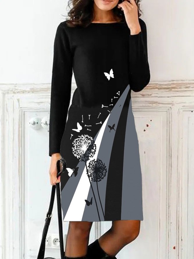 Casual Crew Neck Long Sleeve Contrast Stitching Midi Dress