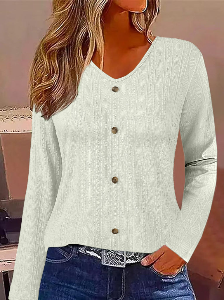 Fashion V Neck Long Sleeve Plain Loose Regular Blouse