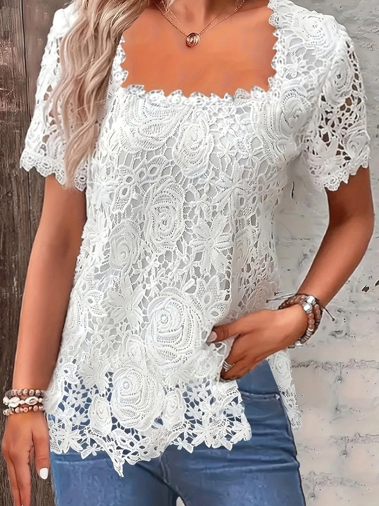 Fashion Short Sleeve Square Neck Plain Loose Regular Blouses
