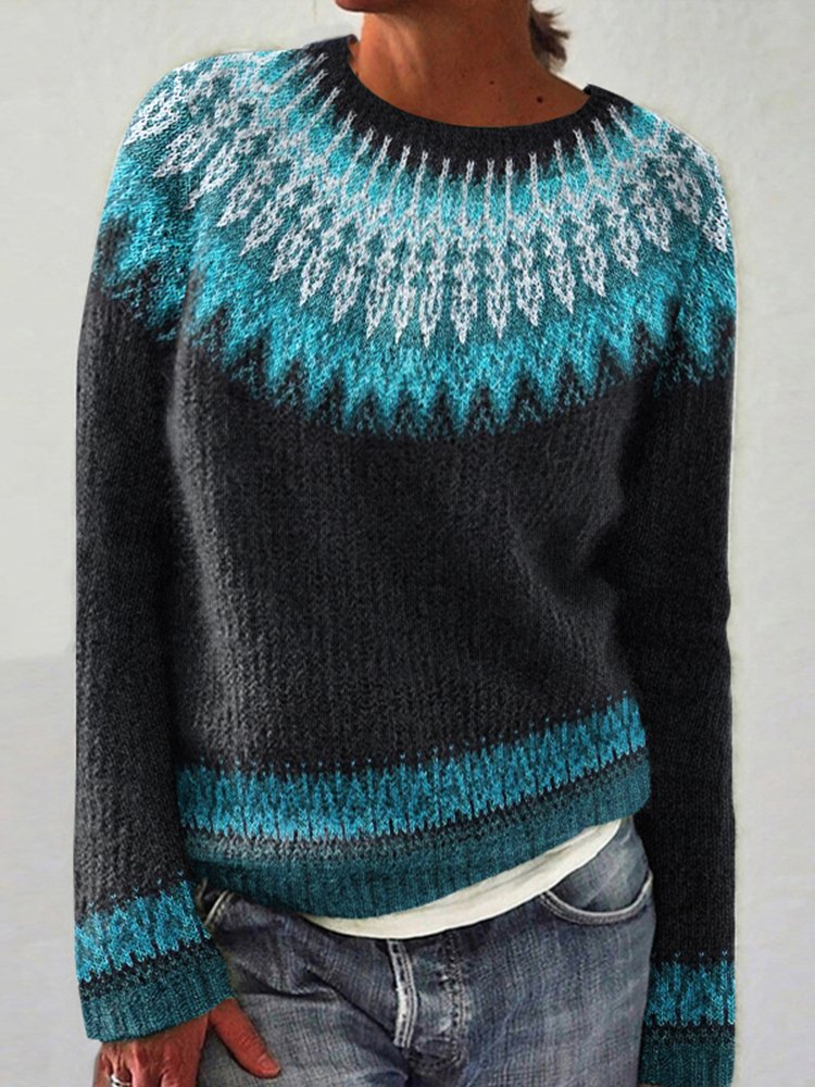 Loose Crew Neck Long Sleeve Purple Floral Simple Regular Sweater