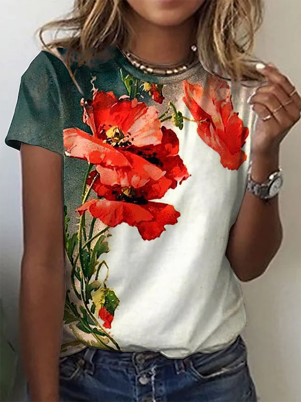 Fashion Short Sleeve Crew Neck Floral Regular T-Shirt