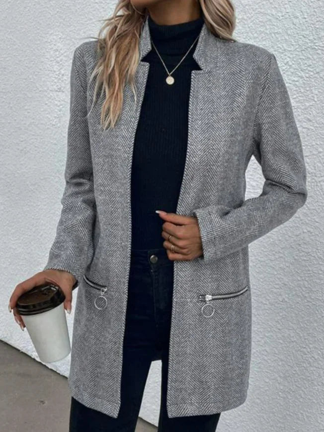 Loose Long Sleeve Herringbone Zipper Fashion Mid-Long Jacket