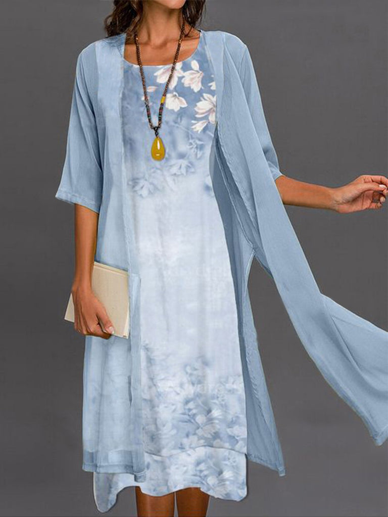 Elegant 3/4 Sleeve Crew Neck Floral Pattern Loose Midi Dress
