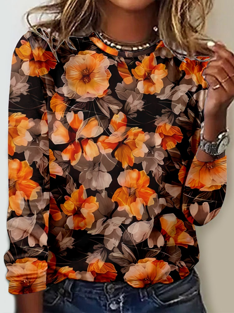 Fashion Crew Neck Long Sleeve Floral Casual Regular T-Shirt