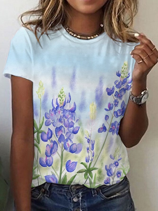 Casual V Neck Short Sleeve Floral Fashion Regular T-Shirt