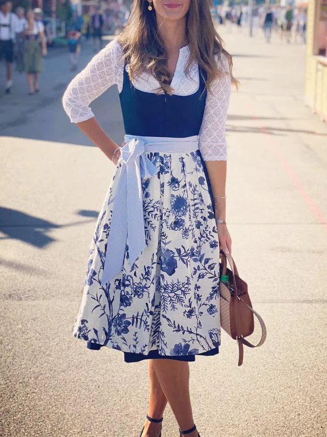 Vintage 3/4 Sleeve V Neck Floral Midi Dress