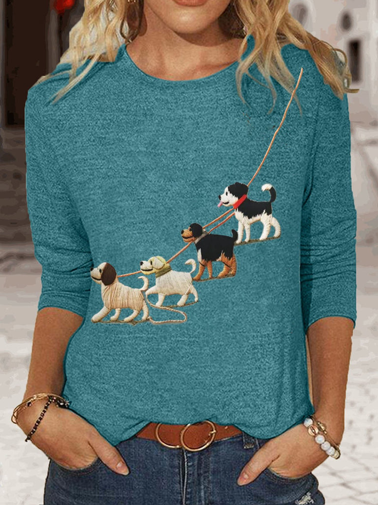 Casual Crew Neck Long Sleeve Dog Fashion Regular T-Shirt