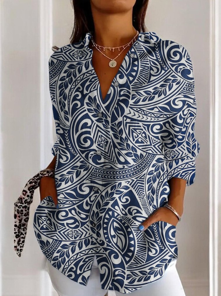 Fashion Long Sleeve Shirt Collar Geometric Regular Shirt