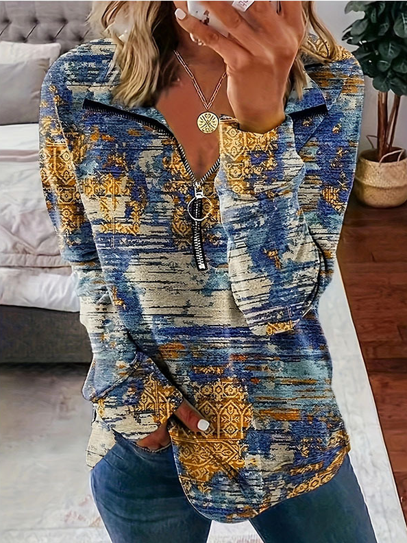 Fashion V Neck Long Sleeve Ethnic Zipper Loose Regular Sweatshirt