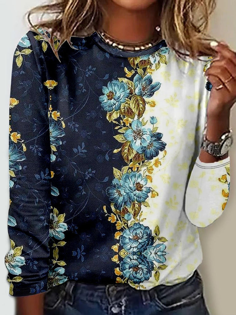 Fashion Crew Neck Long Sleeve Floral Casual Regular T-Shirt