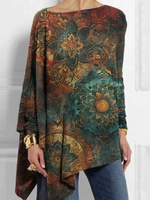 Loose Crew Neck Long Sleeve Ethnic Fashion Mid-Long Blouses
