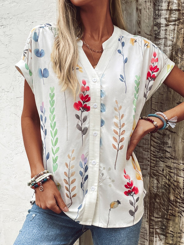 Fashion V Neck Short Sleeve Floral Loose Regular Shirt