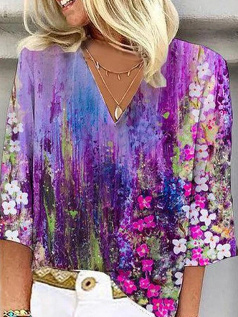 Loose Half Sleeve V Neck Abstract Floral Fashion Regular Blouse