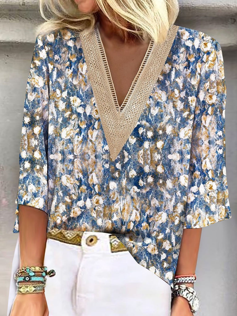 Loose Half Sleeve V Neck Random Print Fashion Regular Blouse
