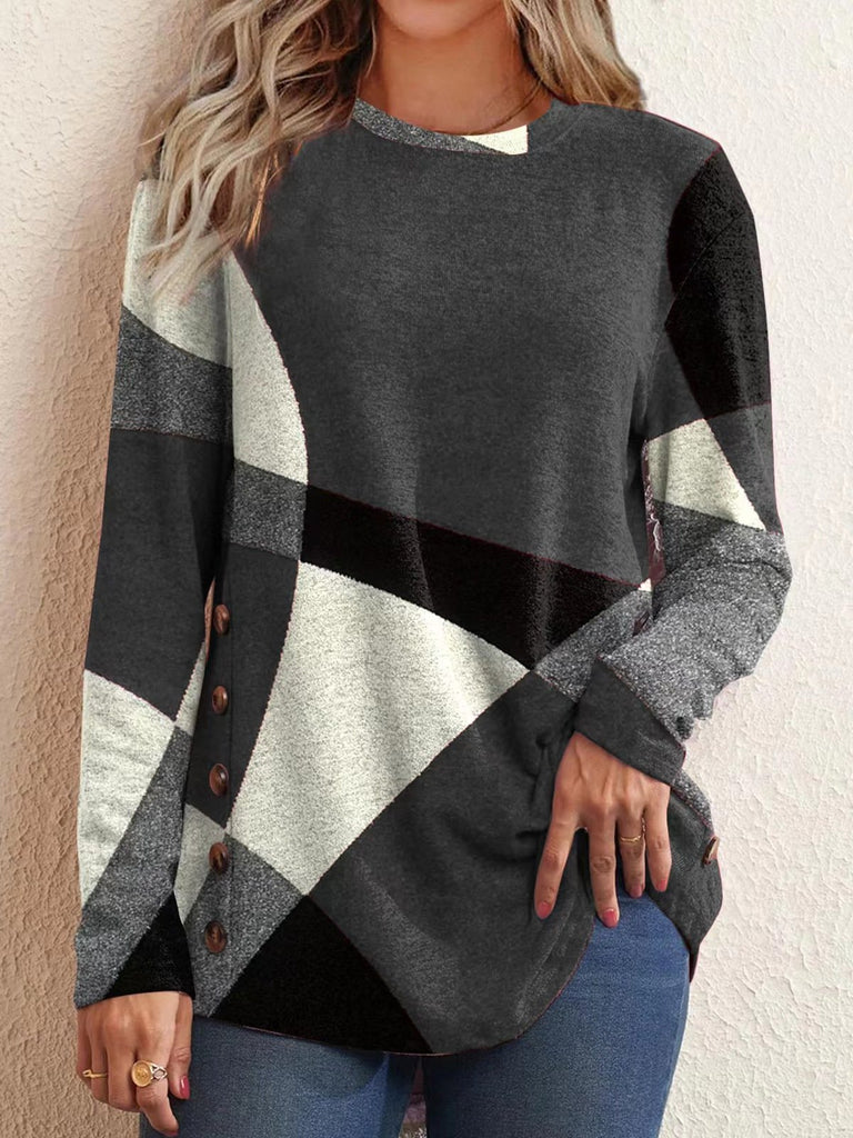 Fashion 3/4 Sleeve Crew Neck Plaid Loose Regular Blouse