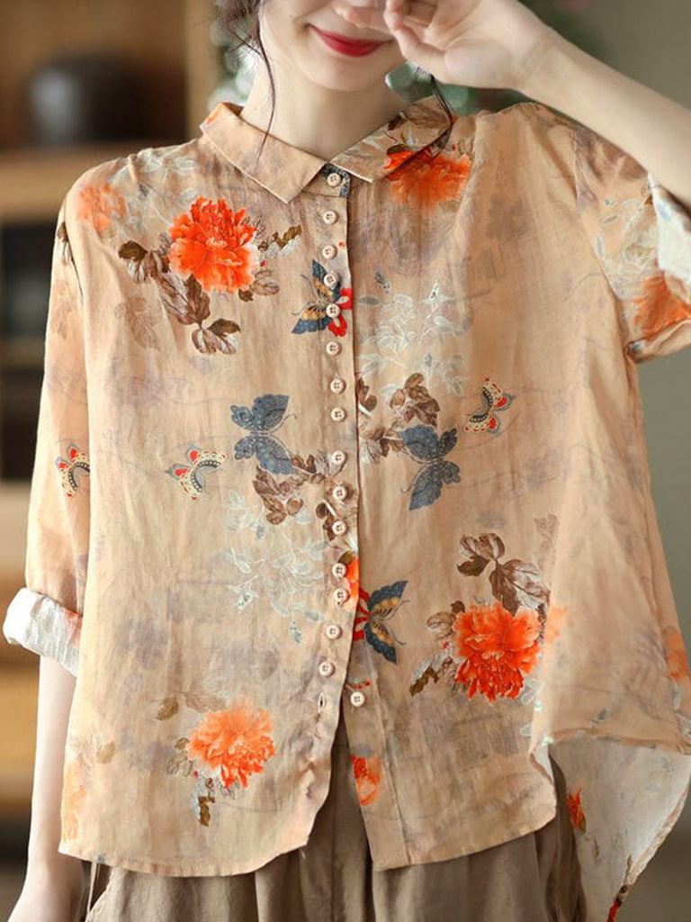 Fashion 3/4 Sleeve Shirt Collar Abstract Loose Regular Blouse