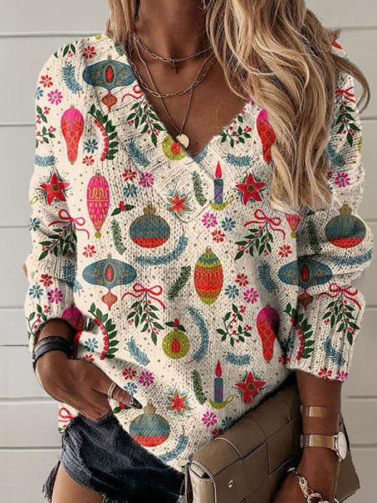 Fashion V Neck Long Sleeve Ethnic Loose Regular Sweatshirt