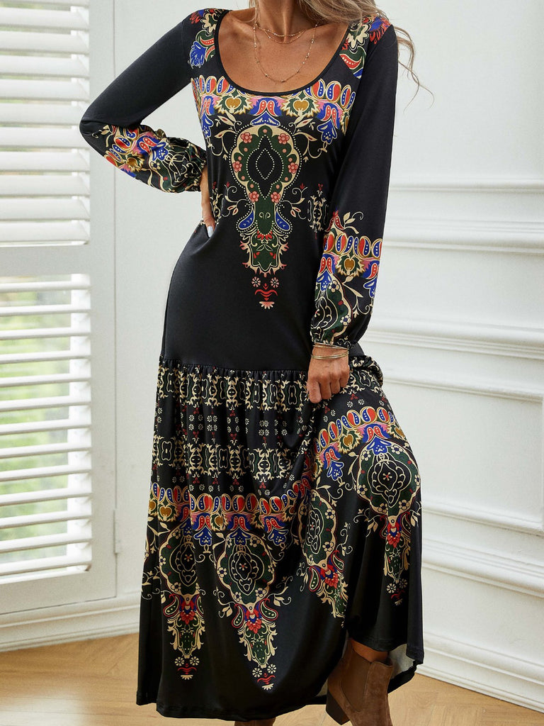 Fashion Crew Neck Long Sleeve Floral Maxi Dress