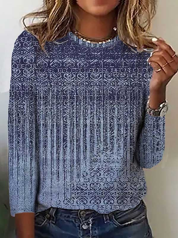 Fashion Crew Neck Long Sleeve Ethnic Casual Regular T-Shirt
