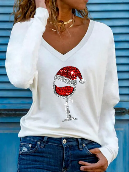 V Neck Long Sleeve Cartoon Party Regular T-Shirt