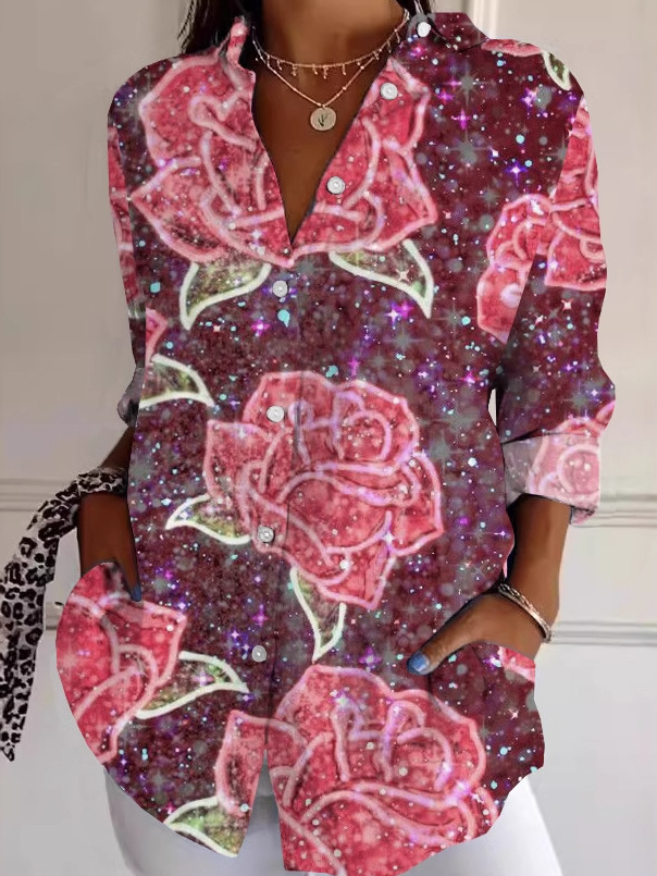 Loose Long Sleeve Shirt Collar Floral Fashion Regular Shirt