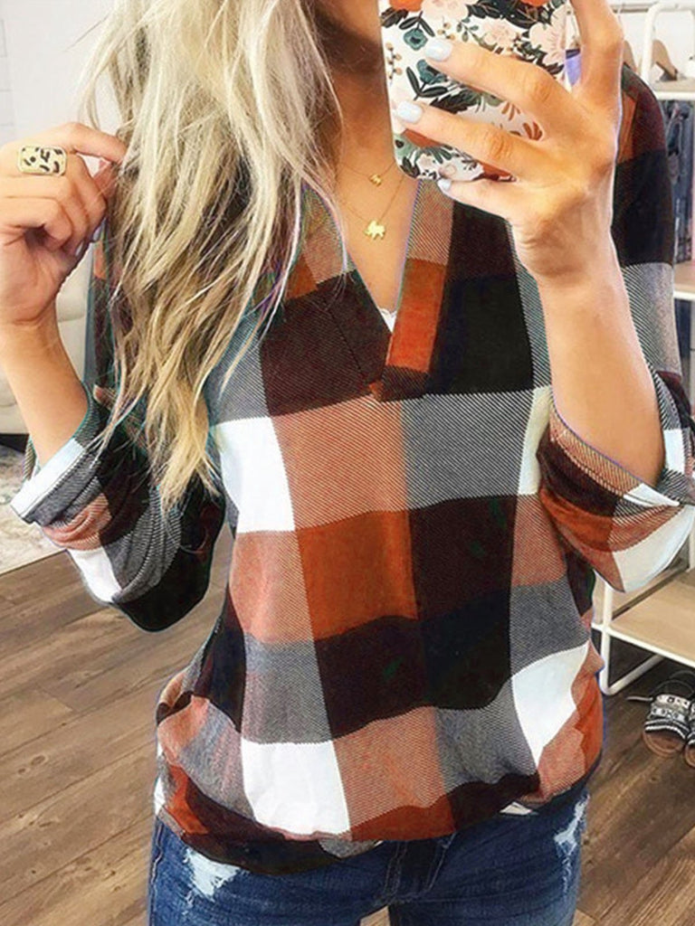 Loose V Neck Long Sleeve Plaid Fashion Regular Blouse