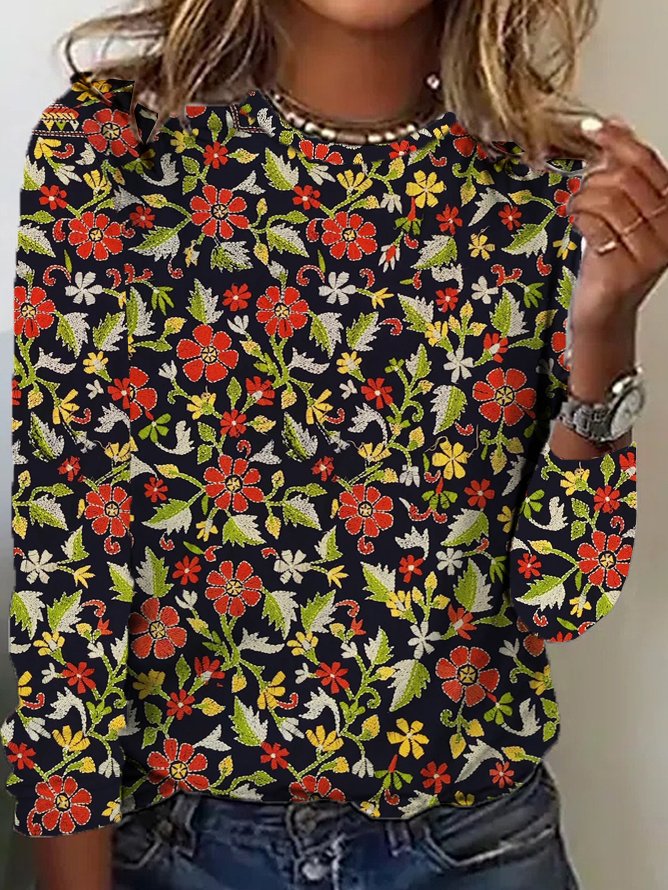 Casual Crew Neck Long Sleeve Floral Fashion Regular T-Shirt