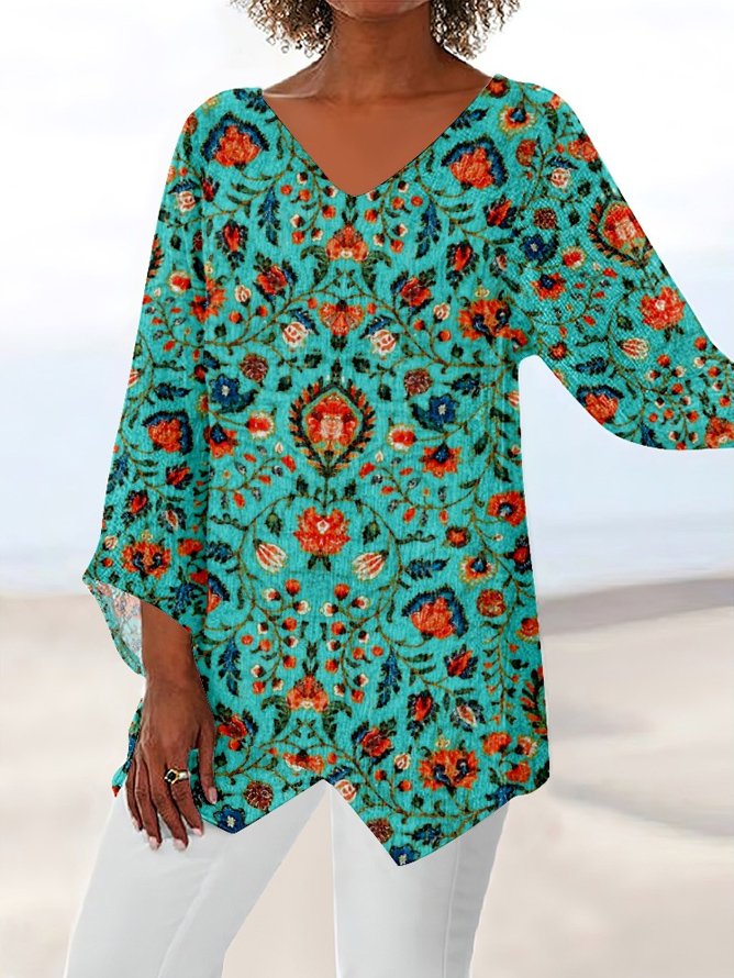 Vintage V Neck Long Sleeve Ethnic Irregular Craftsmanship Loose Regular Blouse