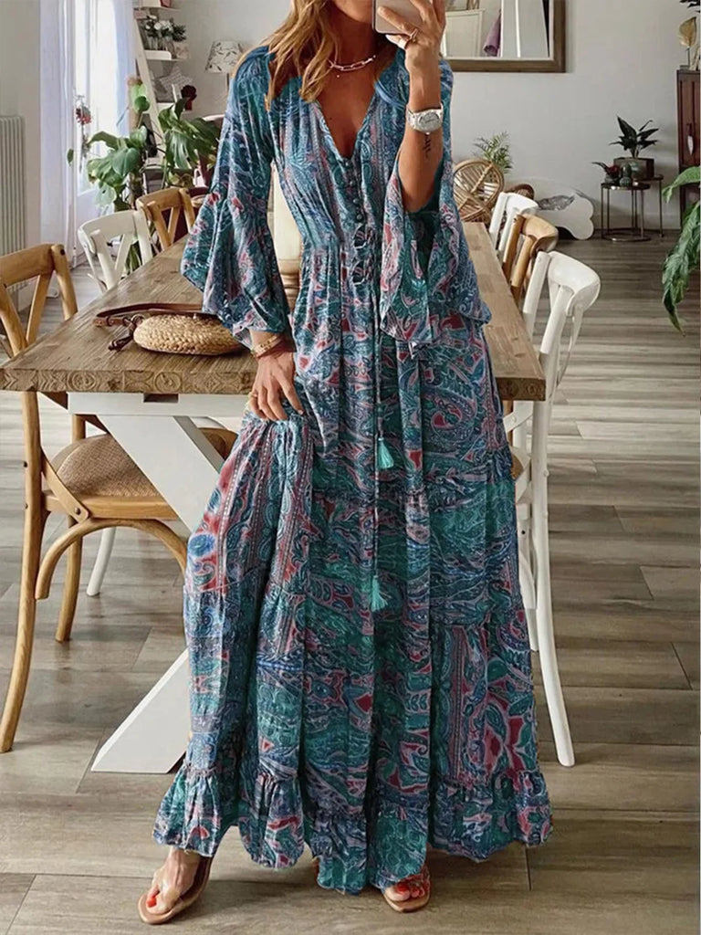 Boho V Neck Long Sleeve Floral Loose Maxi Dress