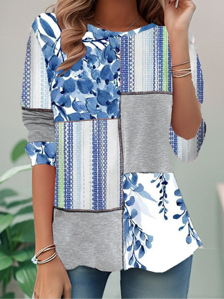 Casual Crew Neck Long Sleeve Floral Color Block Fashion Regular T-Shirt