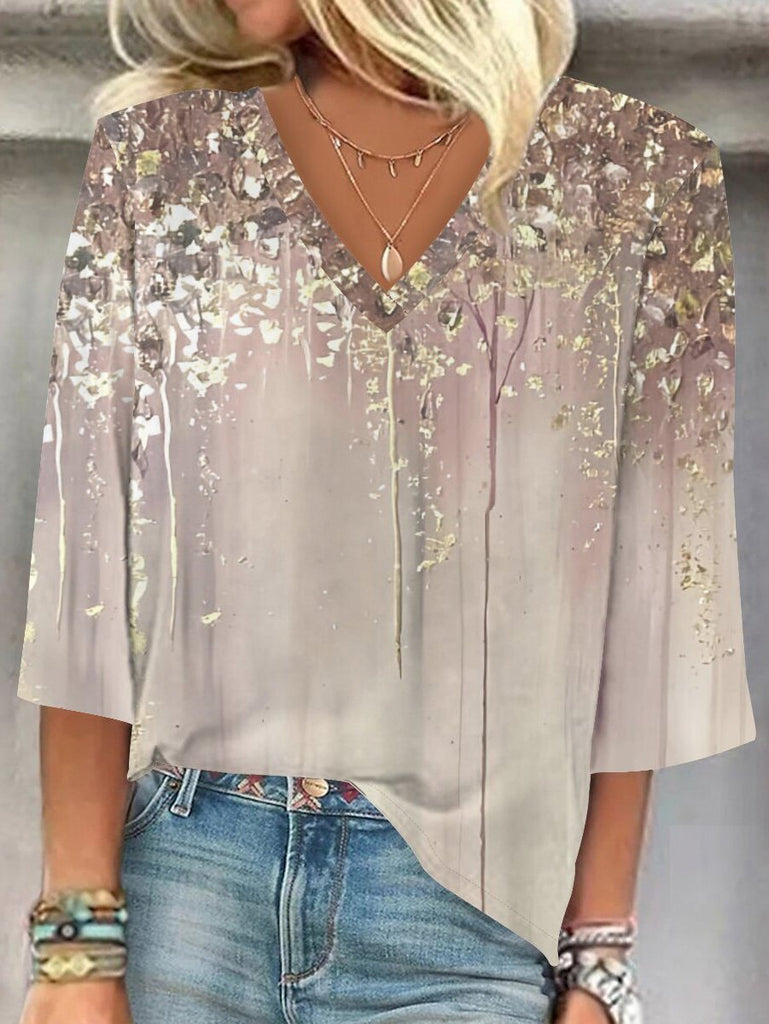 Loose 3/4 Sleeve V Neck Ethnic Floral Fashion Regular Blouse