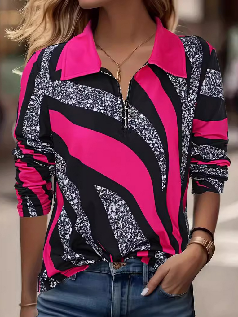 Loose Long Sleeve Shawl Collar Abstract Fashion Regular Blouse