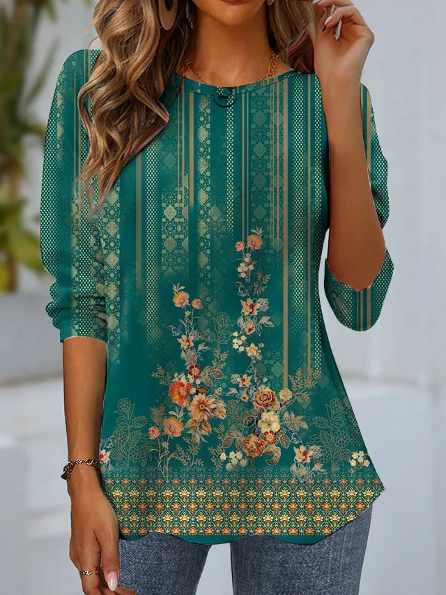 Fashion Crew Neck Long Sleeve Ethnic Floral Casual Regular Blouses