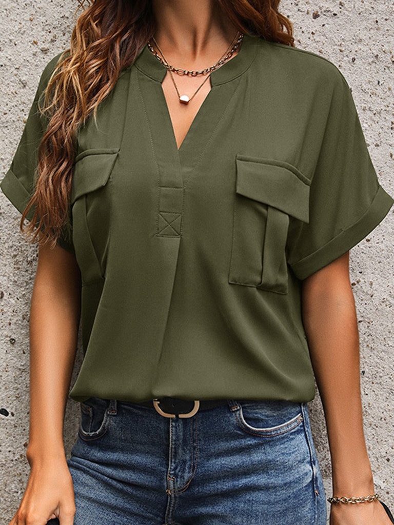 Fashion V Neck Short Sleeve Plain Regular Blouse