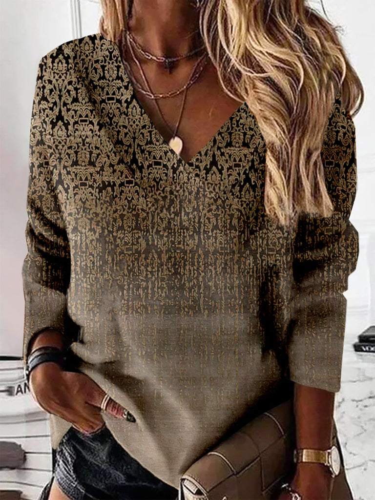Fashion V Neck Long Sleeve Ethnic Casual Regular Sweatshirt