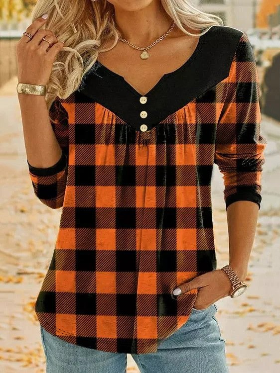 Loose Long Sleeve Notched Plaid Fashion Mid-Long Blouse