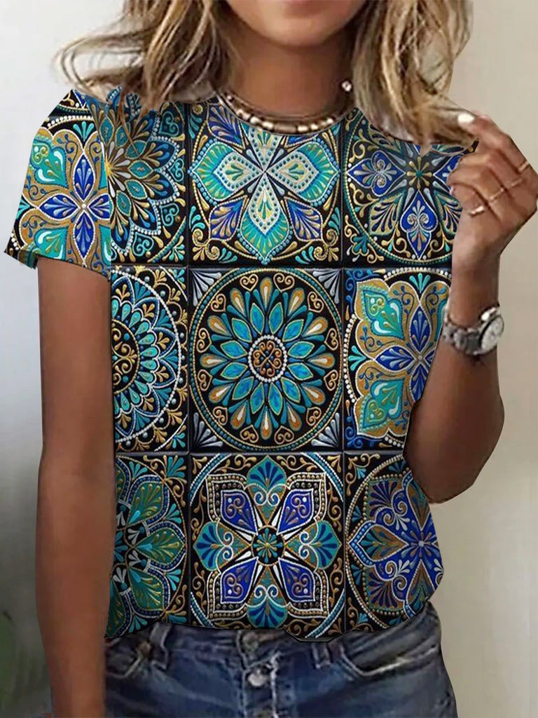 Fashion Short Sleeve Crew Neck Ethnic Casual Regular T-Shirt