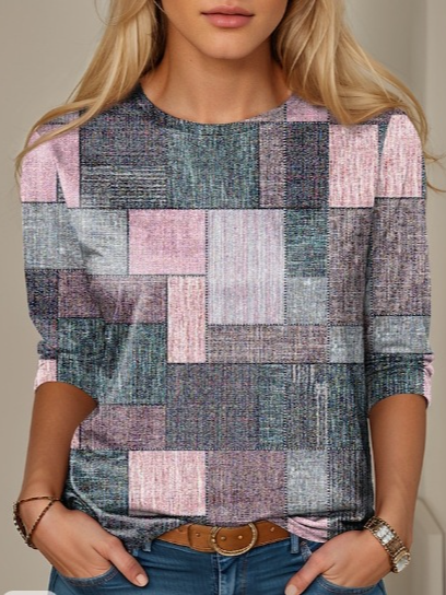 Casual Crew Neck Long Sleeve Plaid Fashion Regular T-Shirt