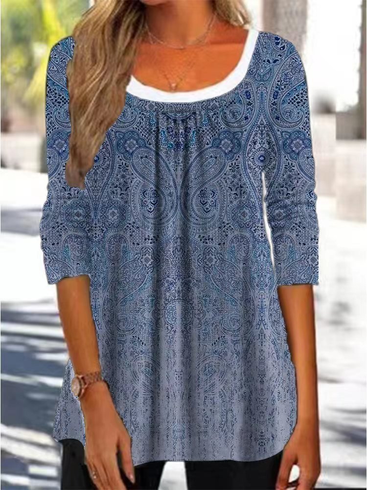 Loose Crew Neck Long Sleeve Ethnic Fashion Regular Blouses