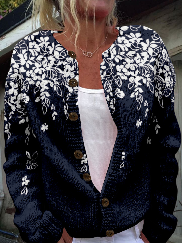 Loose Crew Neck Long Sleeve Floral Fashion Regular Jacket