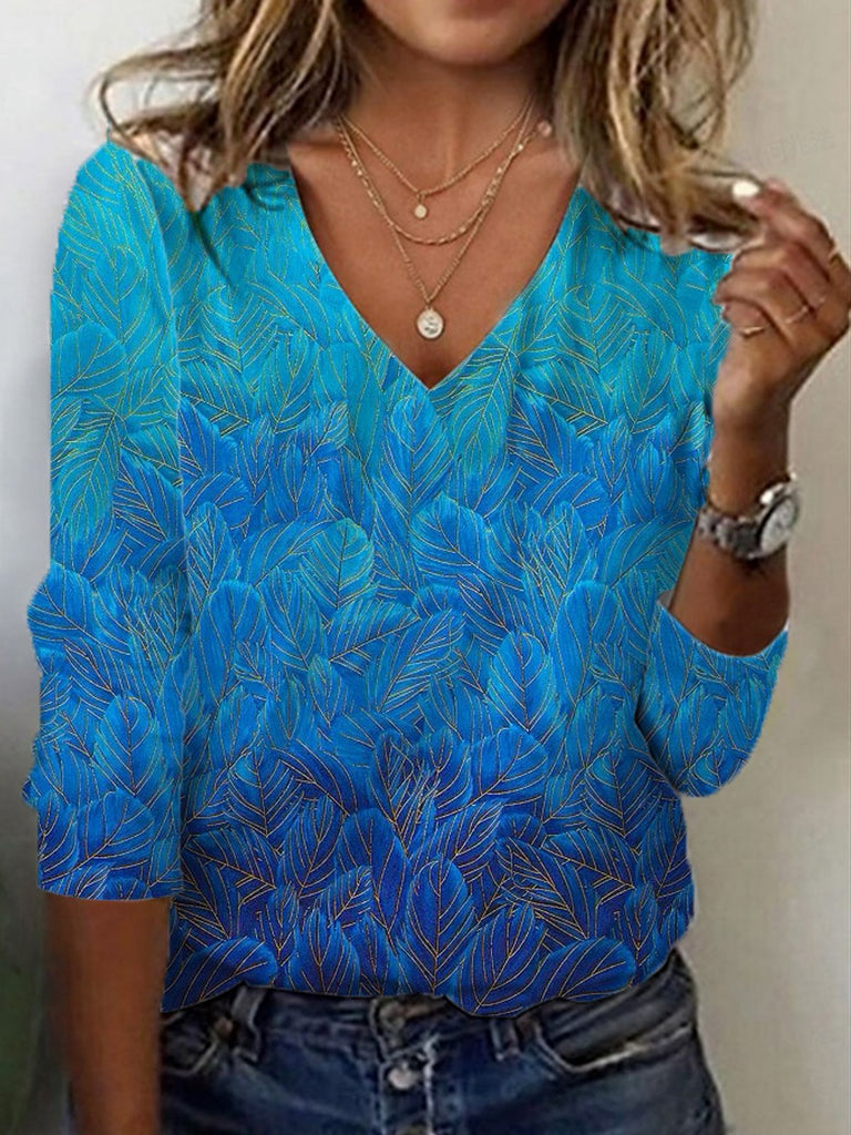 Casual V Neck Long Sleeve Leaf Regular T-Shirt