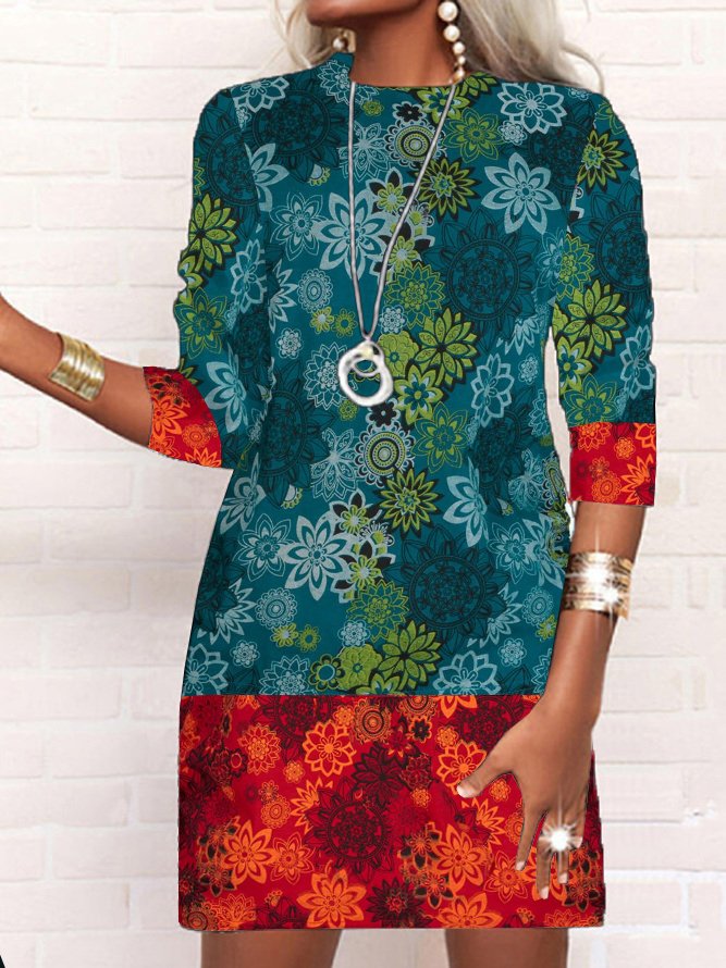 Fashion Crew Neck Long Sleeve Floral Short Dress