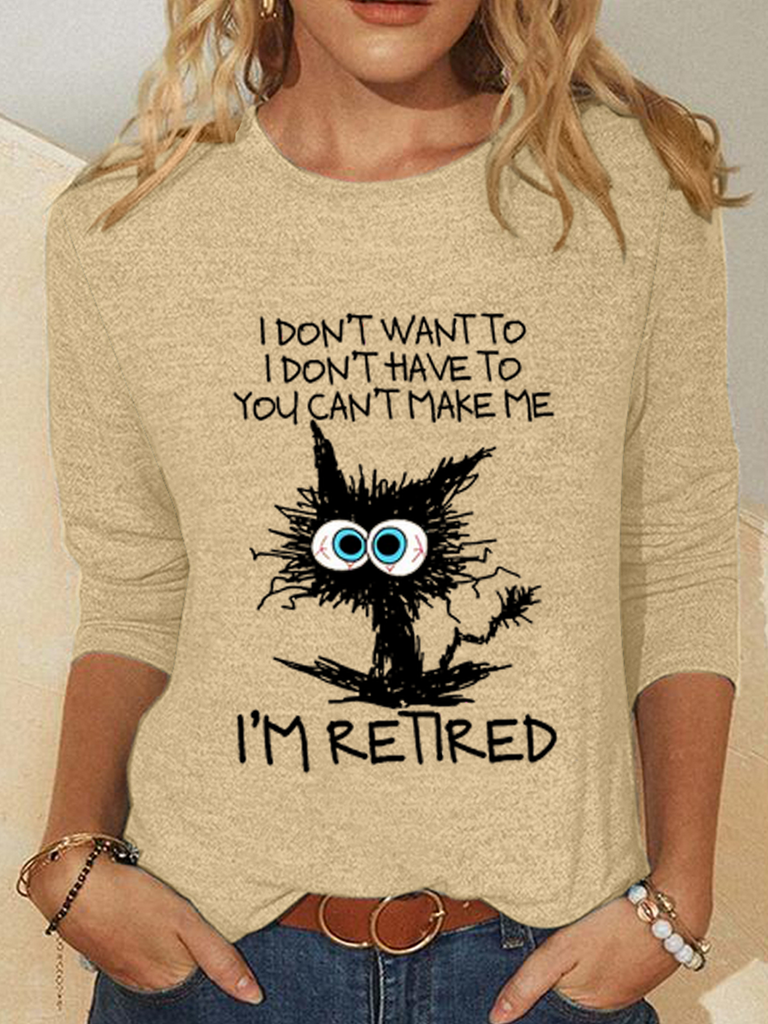 Fashion Crew Neck Long Sleeve Cat Regular Blouses