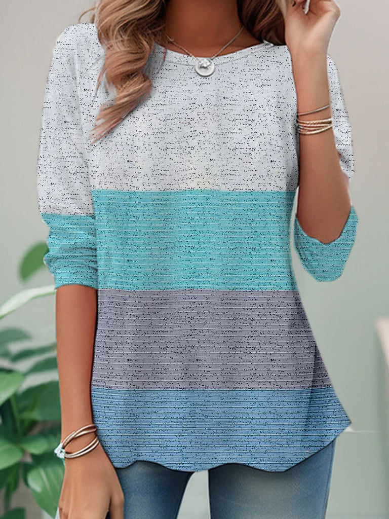 Fashion Crew Neck Long Sleeve Striped Loose Regular Blouses